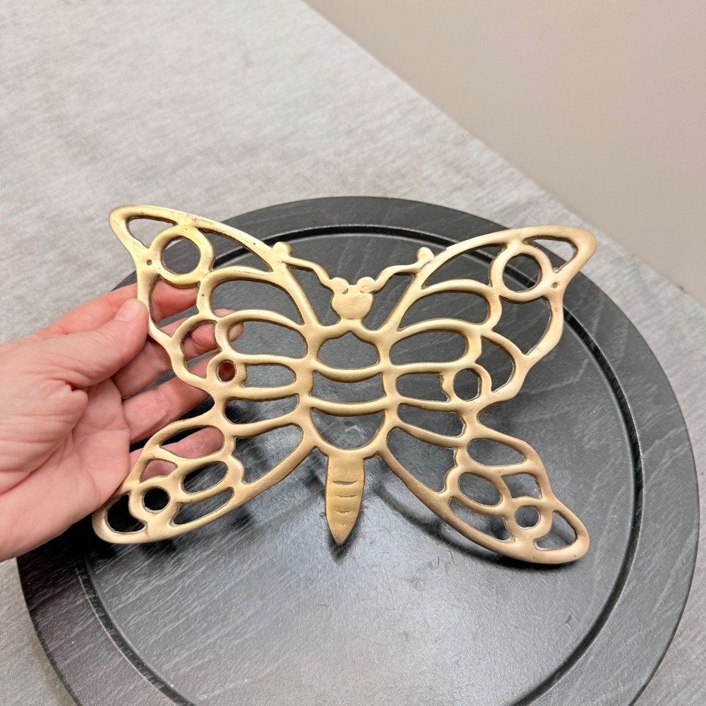 Vintage Solid Brass Butterfly Trivet Hot Pad Pot Rest Gold Cottagecore Decor